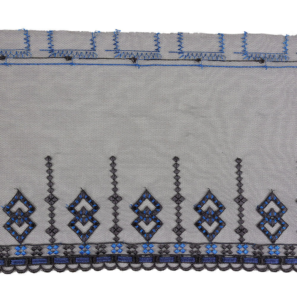 Black and Estate Blue Diamonds Embroidered Mesh Lace Trim with Finished Scalloped Edge and Ribbon Insertion - 8