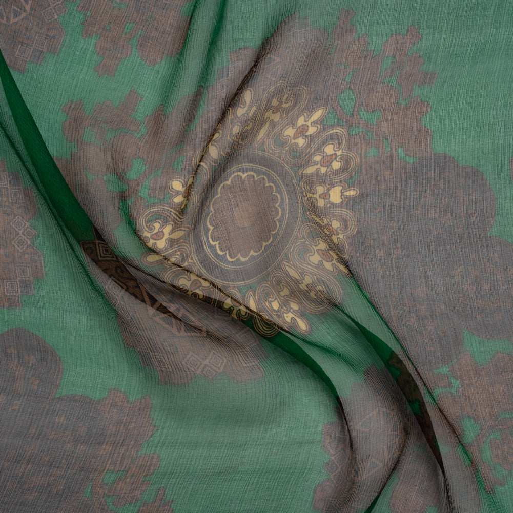 Crinkled Silk Chiffon Print - Green, Brown and Beige Medallions - Deadstock - Joann Fabrics