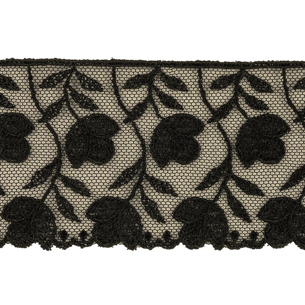 Black Tulips Embroidered Lace Trim - 2.25