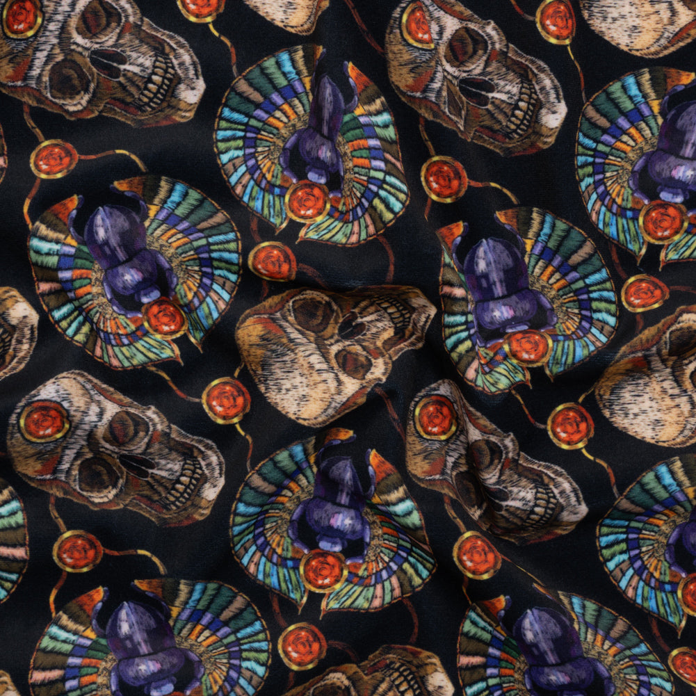 Polyester Microvelvet - Black, Green and Red Scarab Beetles and Skulls - Joann Fabrics