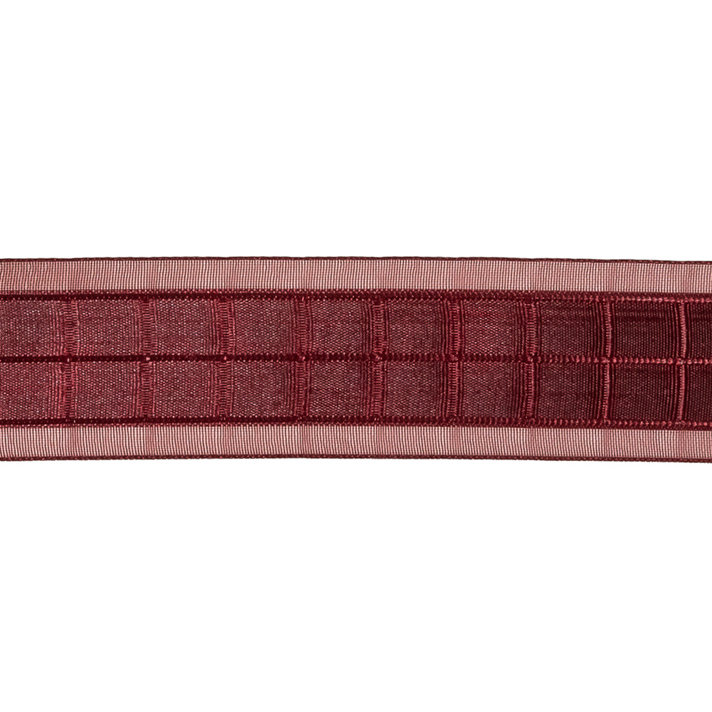 Wine Red Windowpane Checks and Sheer Borders Woven Ribbon - 1