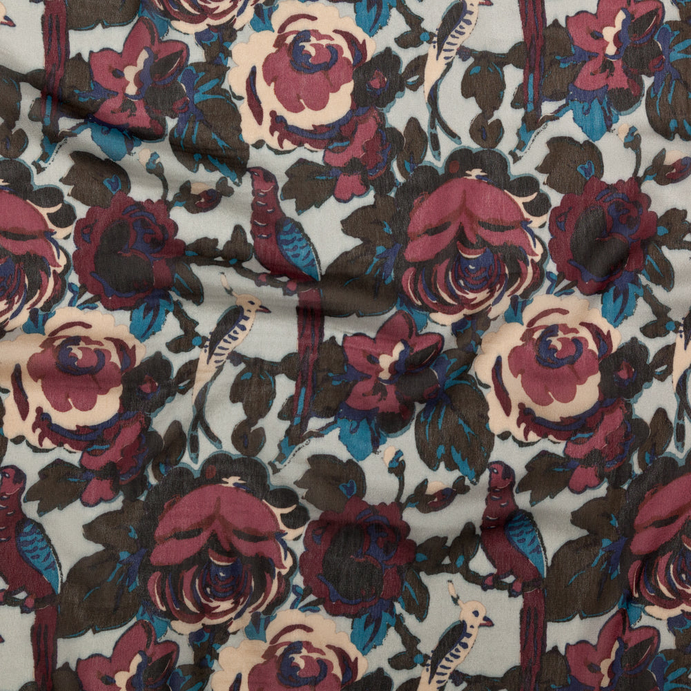 Famous NYC Designer Moonstruck, Poseidon and Sailor Blue Birds and Florals Blended Silk Georgette - Joann Fabrics