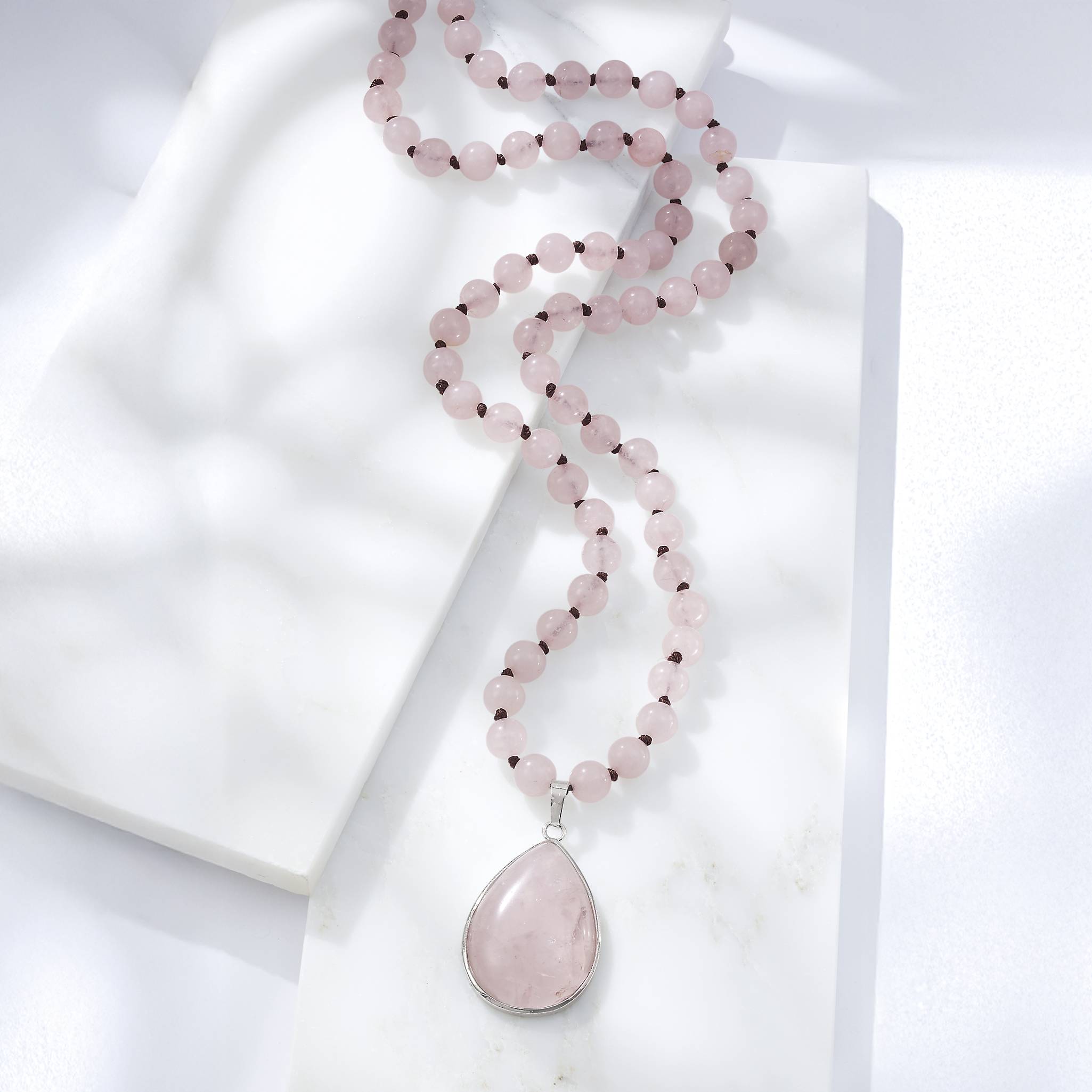 Rose Quartz Long Beaded Necklace, Hand Knotted, Teardrop Pendant - Northstyle Catalog