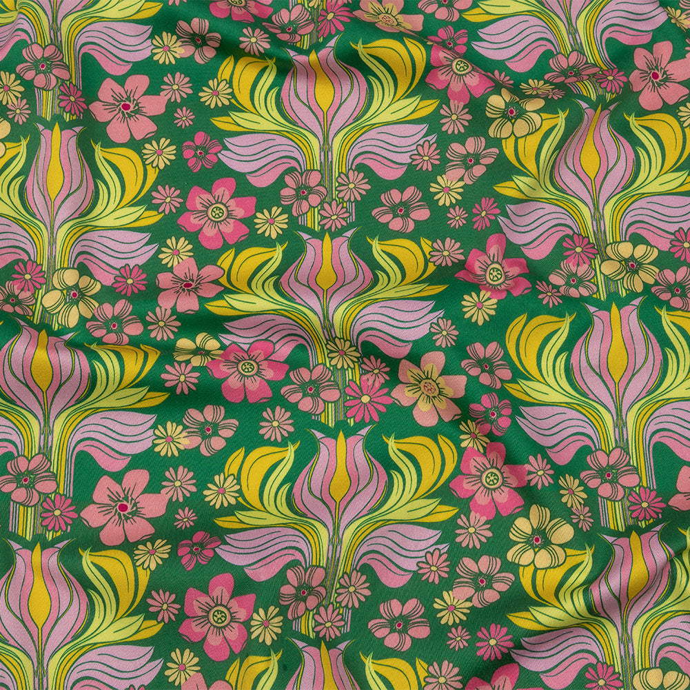 Stretch Cotton Sateen - Green Floral Rows - Flower Shower Print - Mood Exclusive Groove Collection - Joann Fabrics