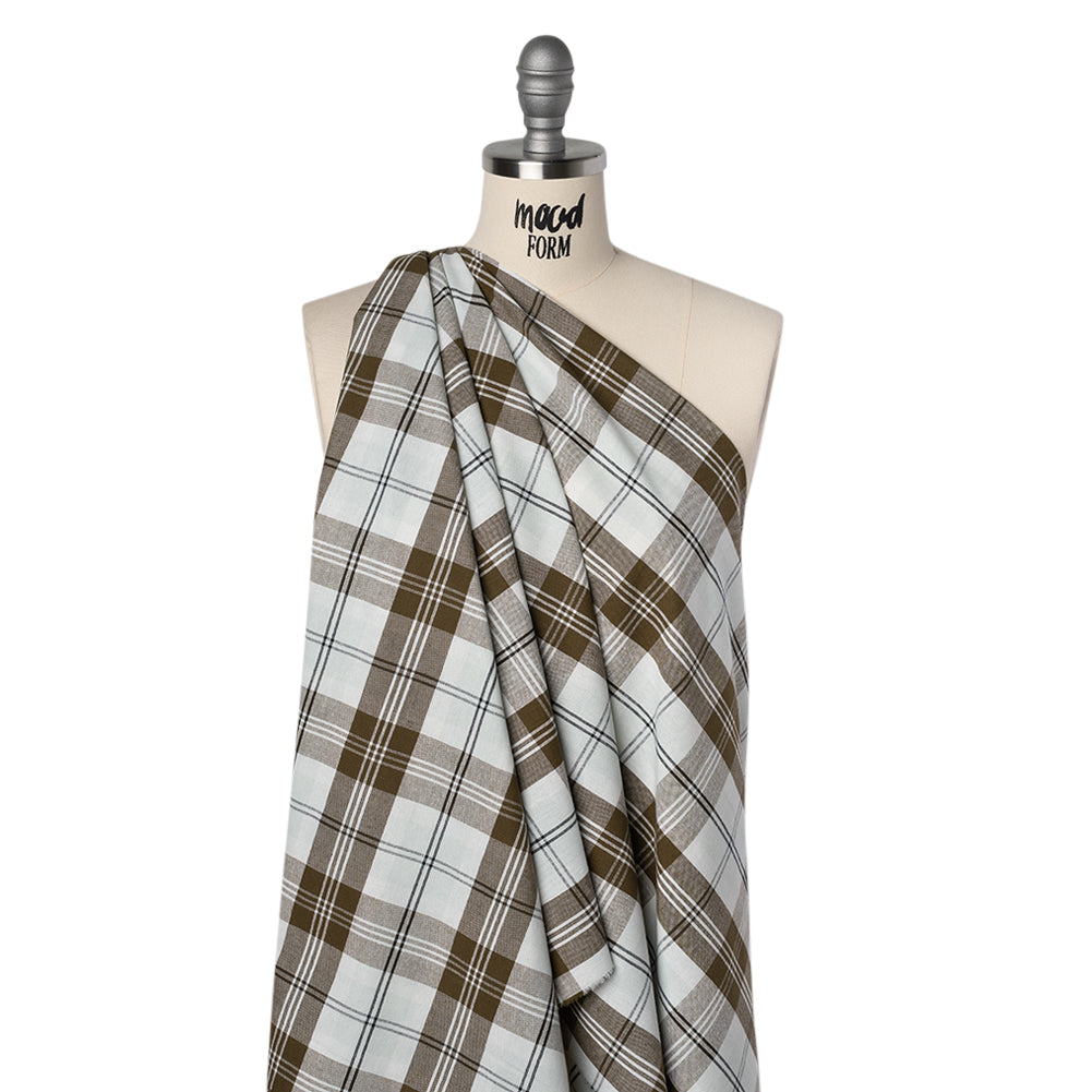 Cotton Oxford Shirting - Palest Aqua, Brown and Black Plaid - Designer Deadstock - Joann Fabrics