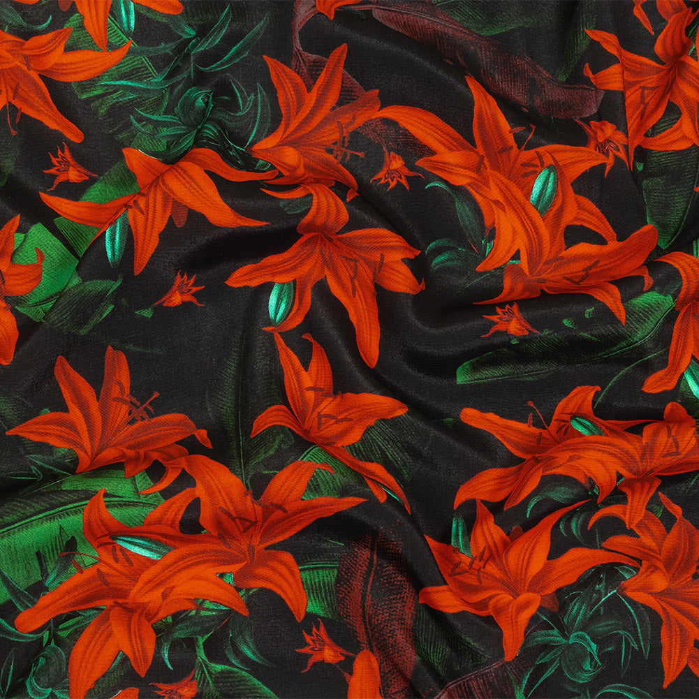 Viscose Crepe Print - Red, Black and Green Floral - Mood Exclusive Luminescent Lilies - Joann Fabrics