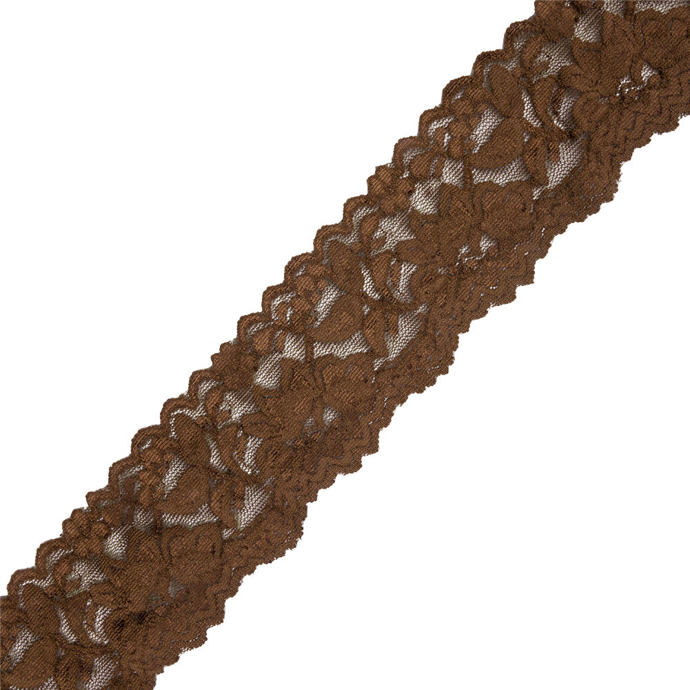 Famous NYC Designer Olive Brown Floral Stretch Lace Trim with Scalloped Edges - 2.375