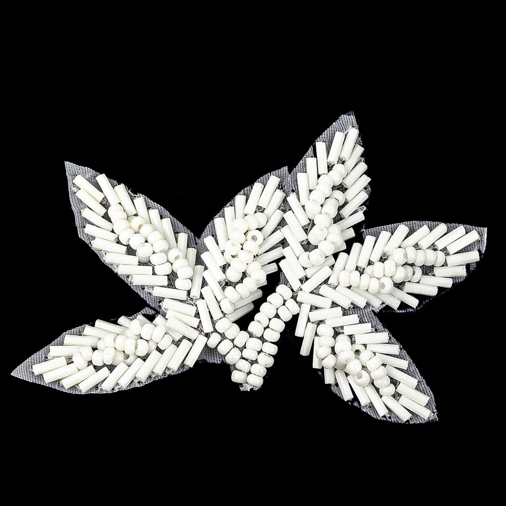 Vintage Opaque White Bugle and Seed Beaded Foliage Applique - 2.25