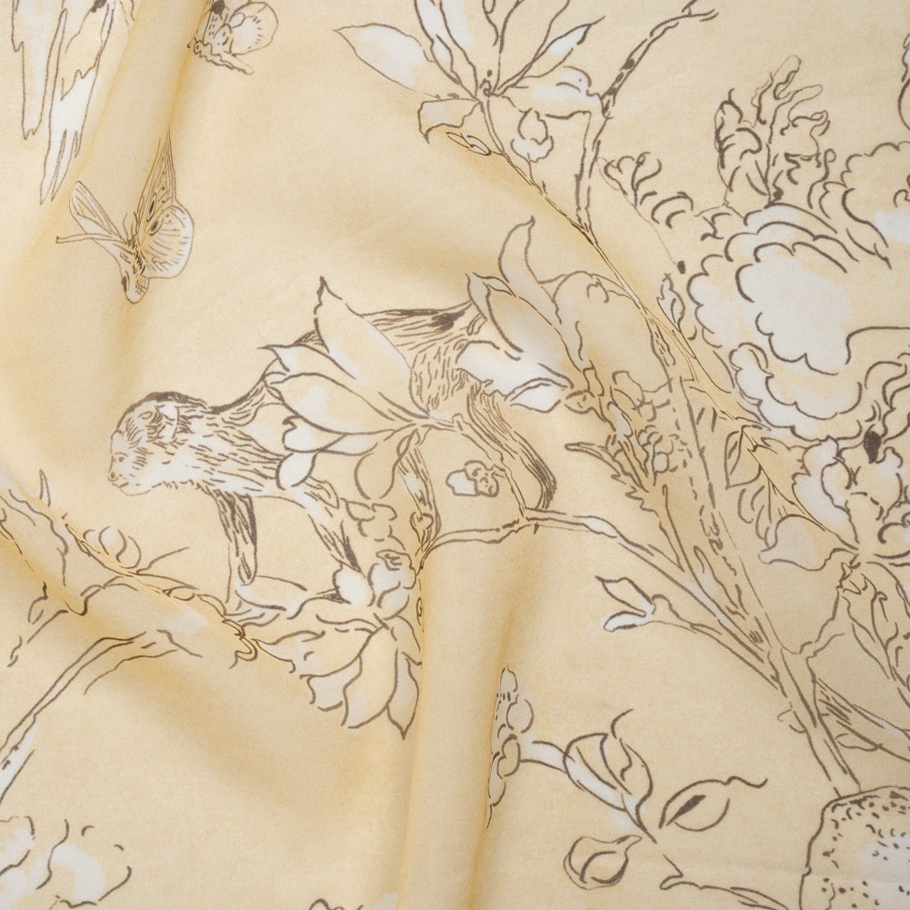 Silk Voile Print - Yellow-Beige, White and Charcoal Illustrated Flowers and Animals - Deadstock - Joann Fabrics
