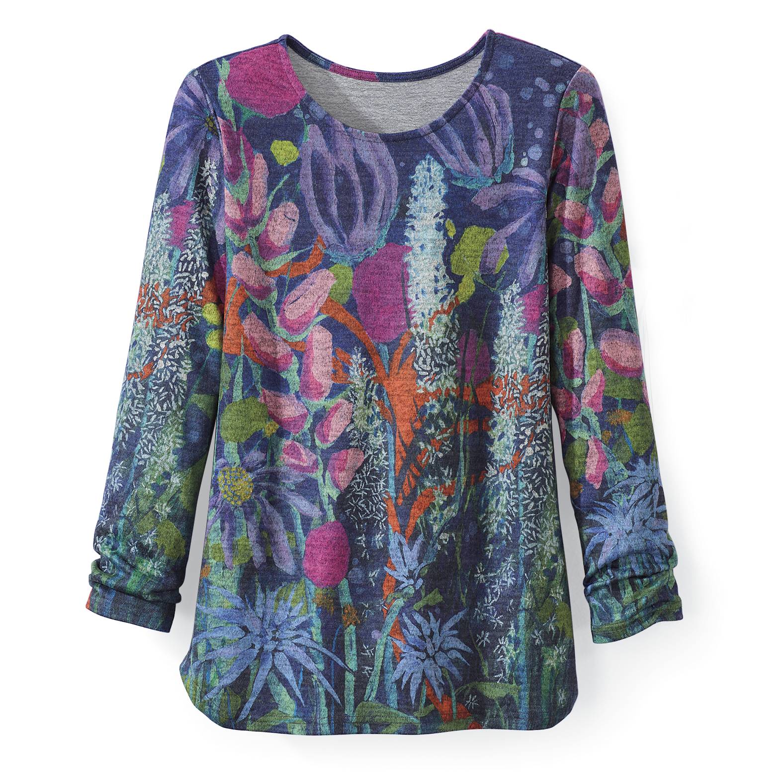 Cozy Floral Top, Long Sleeves, Slightly Curved Hem, Brushed Knit - Northstyle Catalog