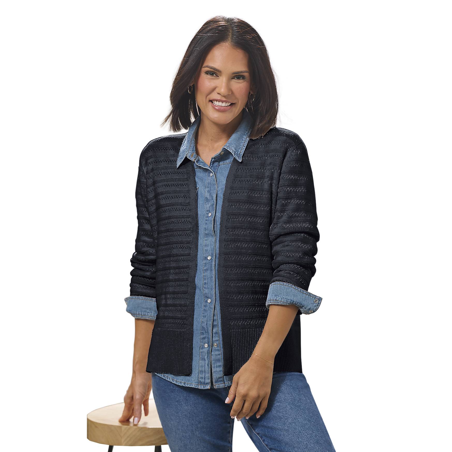 Textured Tonal Stripe Cardigan, Open Front, Bracelet Sleeves - Northstyle Catalog