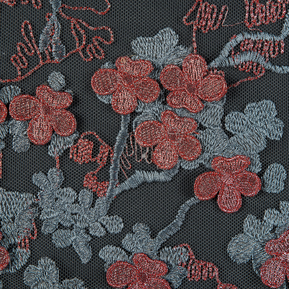 3D Embroidered Stretch Netting Lace - Ribbon Red and Gray Mist Floral - Joann Fabrics
