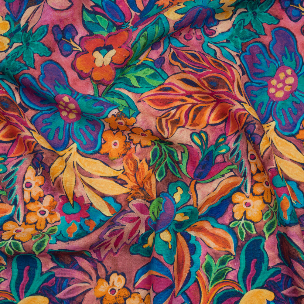 Linen and Rayon Woven - Hot Pink, Orange and Ultramarine Blue Bold Flowers - Mood Exclusive Electric Eden Print - Joann Fabrics