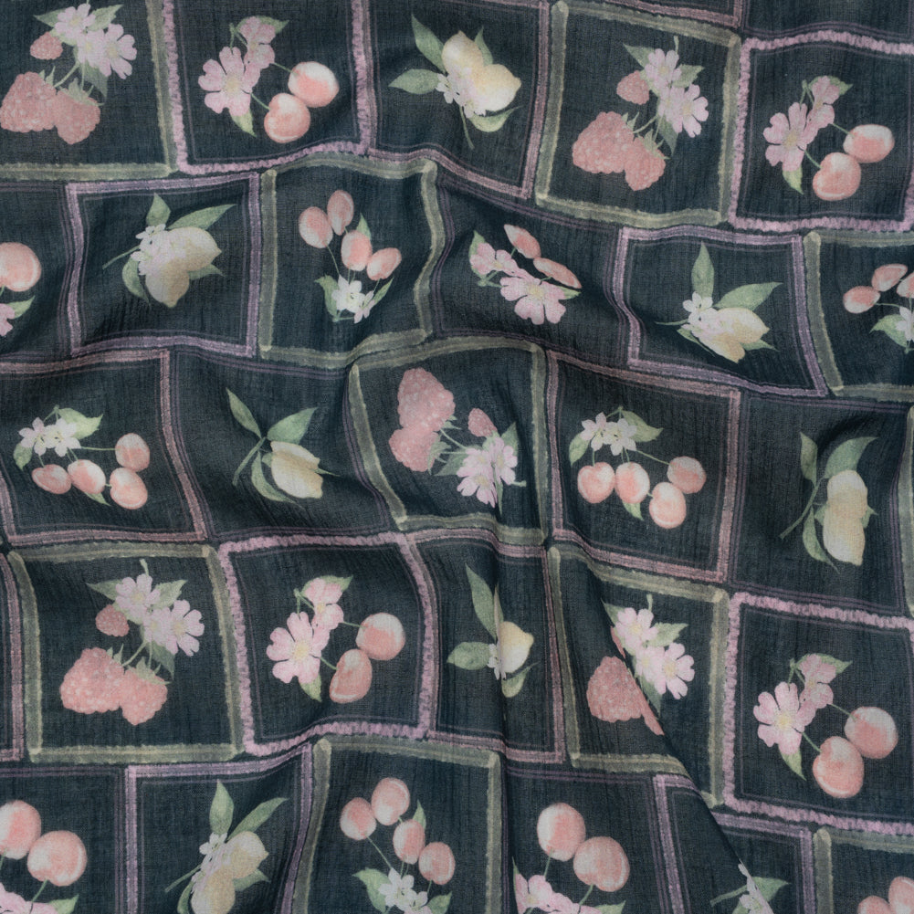 Crinkled Cotton Gauzy Woven - Pink, Yellow and Navy Fruit and Flowers in Frames - Mood Exclusive Summer Medley Print - Joann Fabrics