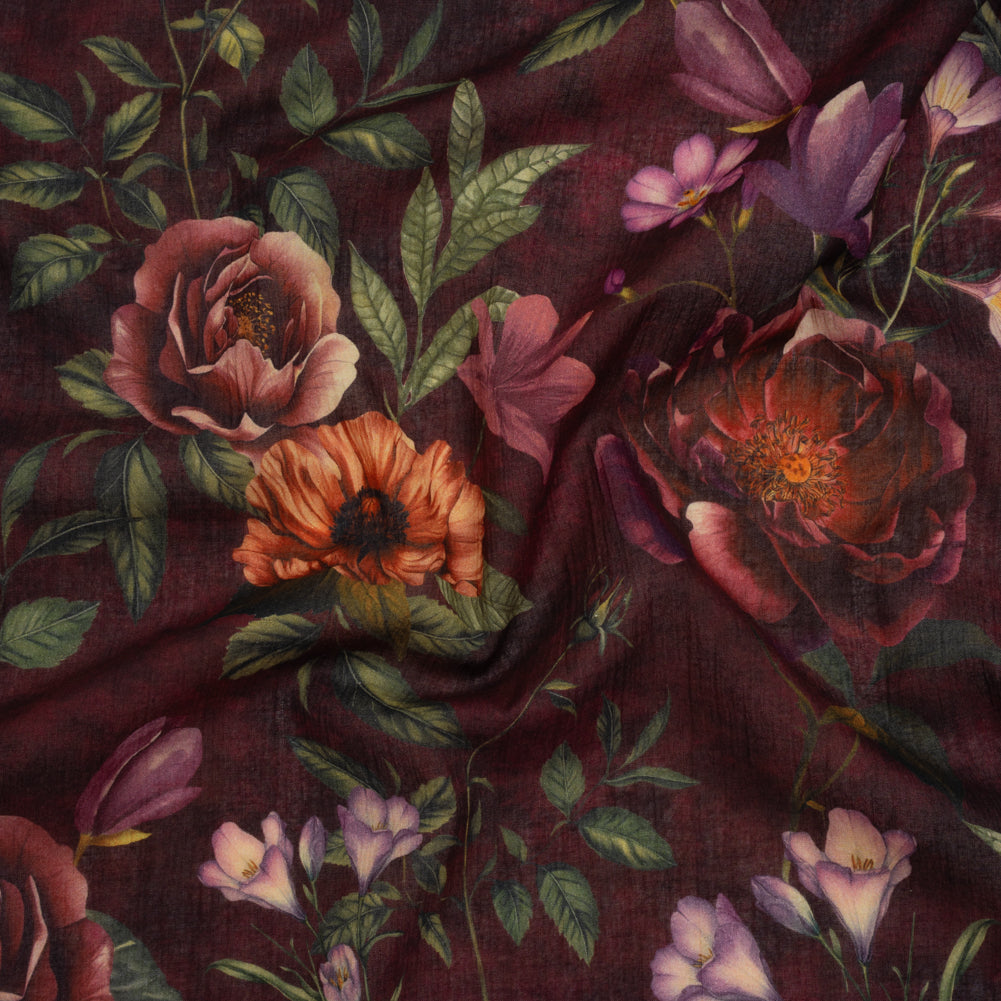 Crinkled Cotton Gauzy Woven - Wine Red, Coral and Green Floral - Mood Exclusive Romantic Nights Print - Joann Fabrics