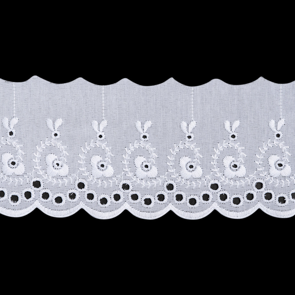 Cotton and Polyester Embroidered Eyelet Lace Trim with One Finished Scalloped Edge - 3.25