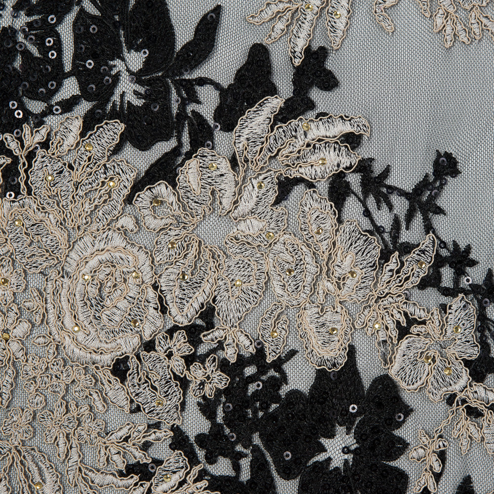 Corded Embroidered Mesh with Sequins - Black and Beige Floral - Joann Fabrics