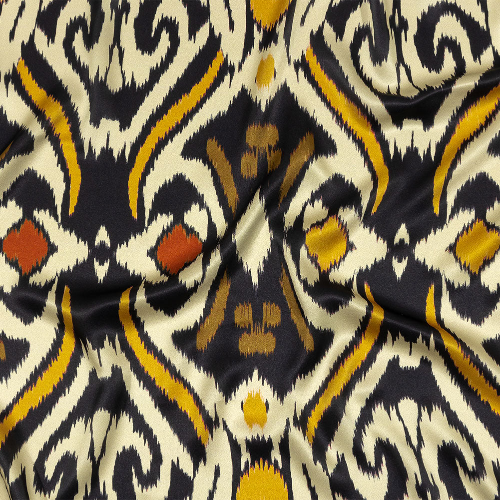 Italian Black, Mustard and Brown Ikat Spots Silk Charmeuse - Joann Fabrics