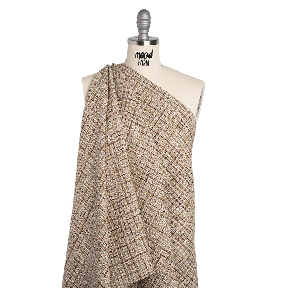Metallic Polyester Tweed - Beige, White and Burgundy Plaid with Gold Accents - Deadstock - Joann Fabrics