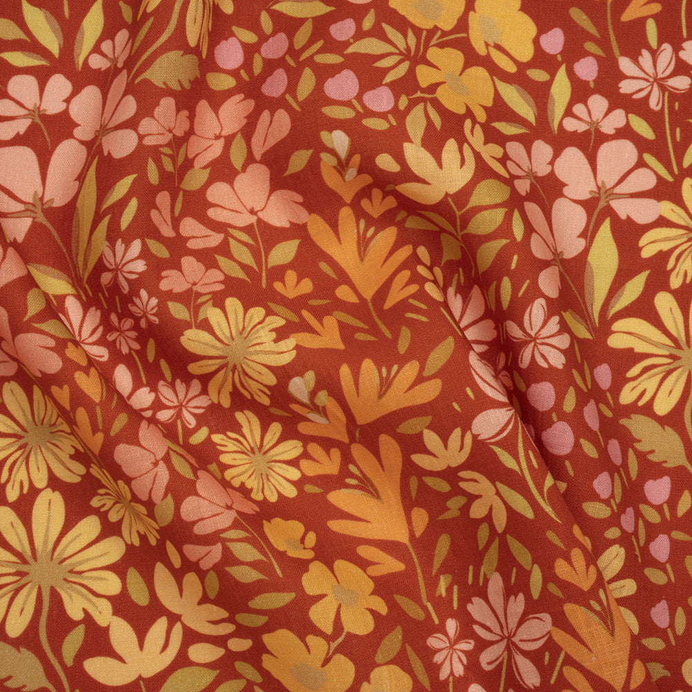 Medium Weight Linen Woven Print - Terracotta, Lemon and Sage Floral - Joann Fabrics