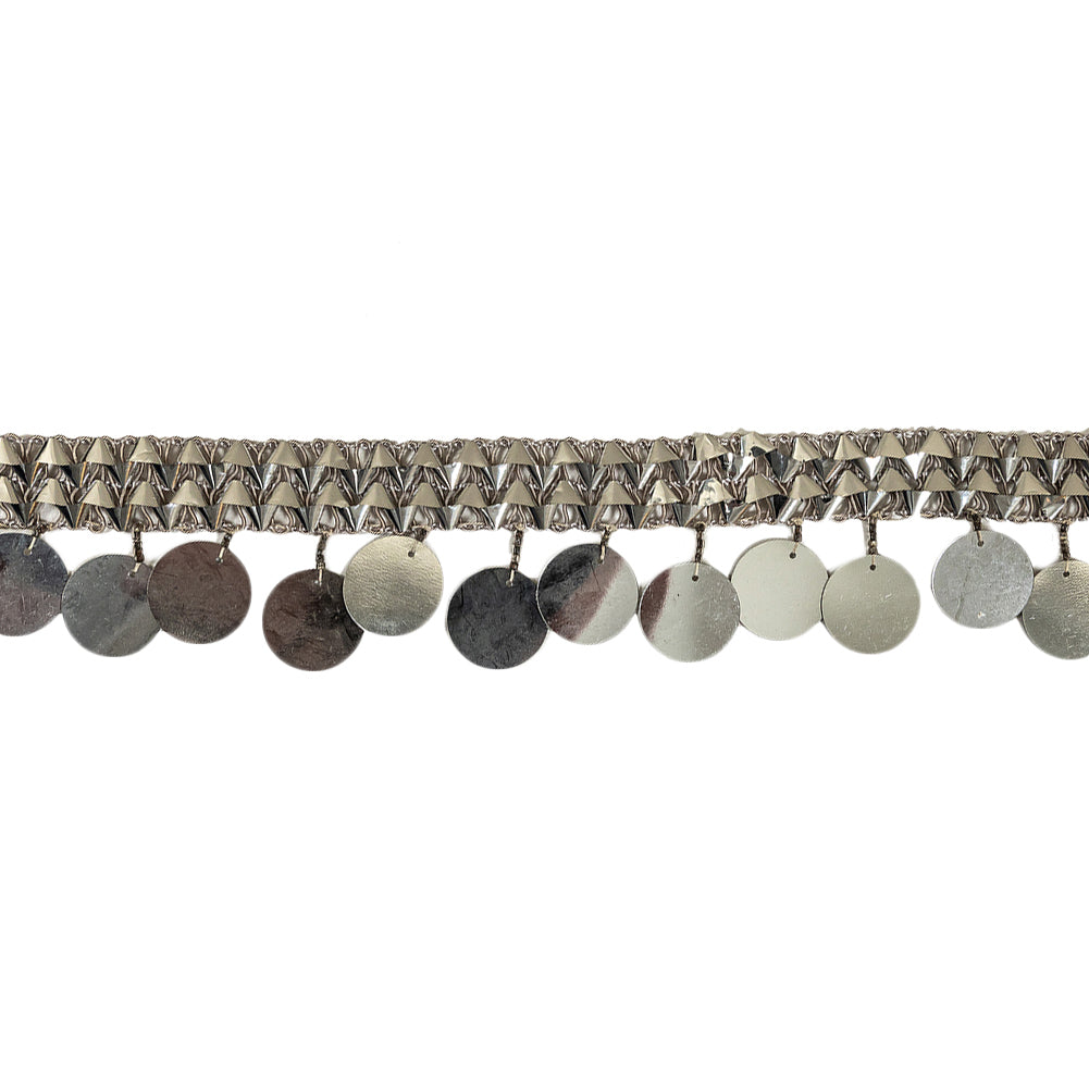 Vintage Metallic Silver Braided Trim with Silver Paillette Sequins and Beaded Fringe - 1.75
