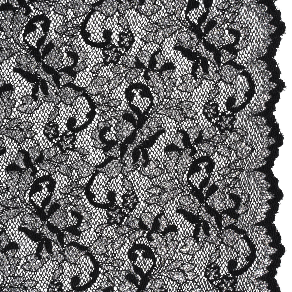 Stretch Raschel Lace with Finished Scalloped Edges - Metallic Silver and Black Flowers, Leaves and Swirls - Crina Collection - Joann Fabrics