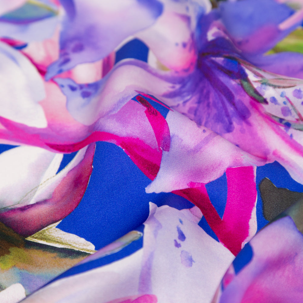 Mood Exclusive Italian Deep Blue and Red Violet Watercolor Floral Digitally Printed Silk Charmeuse - Joann Fabrics
