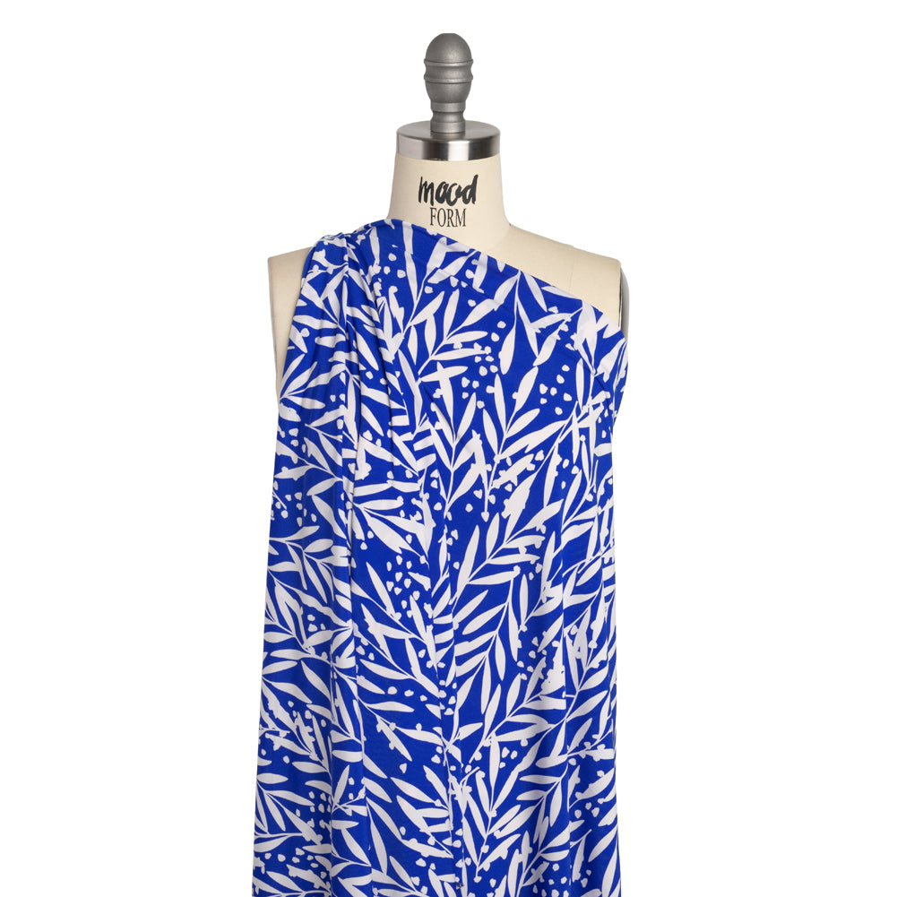 Stretch Polyester Tricot - Cobalt Blue and Off White Leafy Stems - Designer Deadstock - Joann Fabrics