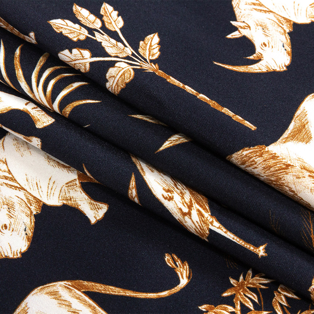 Stretch Cotton Sateen - Navy and Yellow Animals and Palms - Hegemonic Hierarchy Print - Mood Exclusive Tumunyana Collection - Joann Fabrics