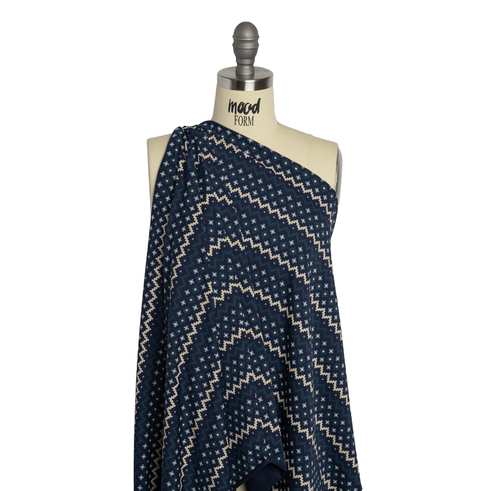 Stretch Modal and Cotton Jersey - Navy, Beige and Dark Teal Geometric Stripes - Deadstock - Joann Fabrics