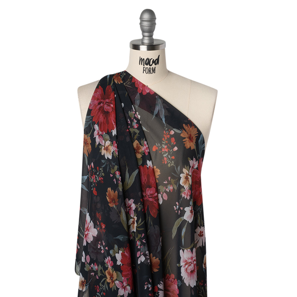 Polyester Chiffon Print - Black, Red and Pale Pink Floral - Designer Deadstock - Joann Fabrics