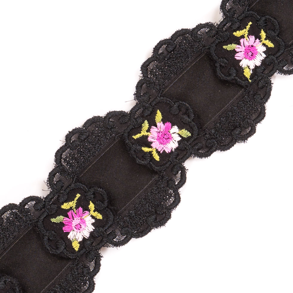 Black Raschel Lace Trimming with Satin Ribbon Detail - 2.25