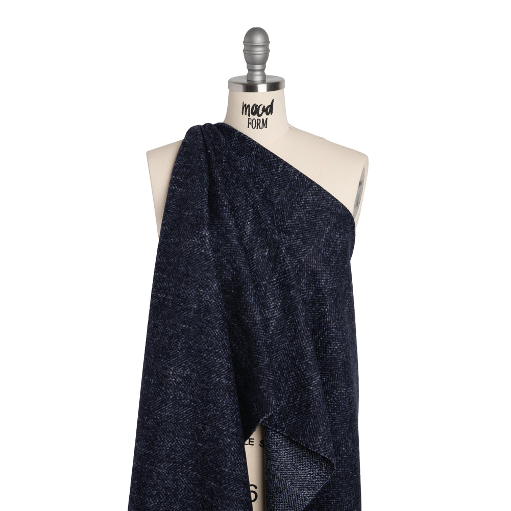 Brushed Wool and Silk Coating Made in Italy - Tweedy Blue and Navy Herringbone - Deadstock - Joann Fabrics