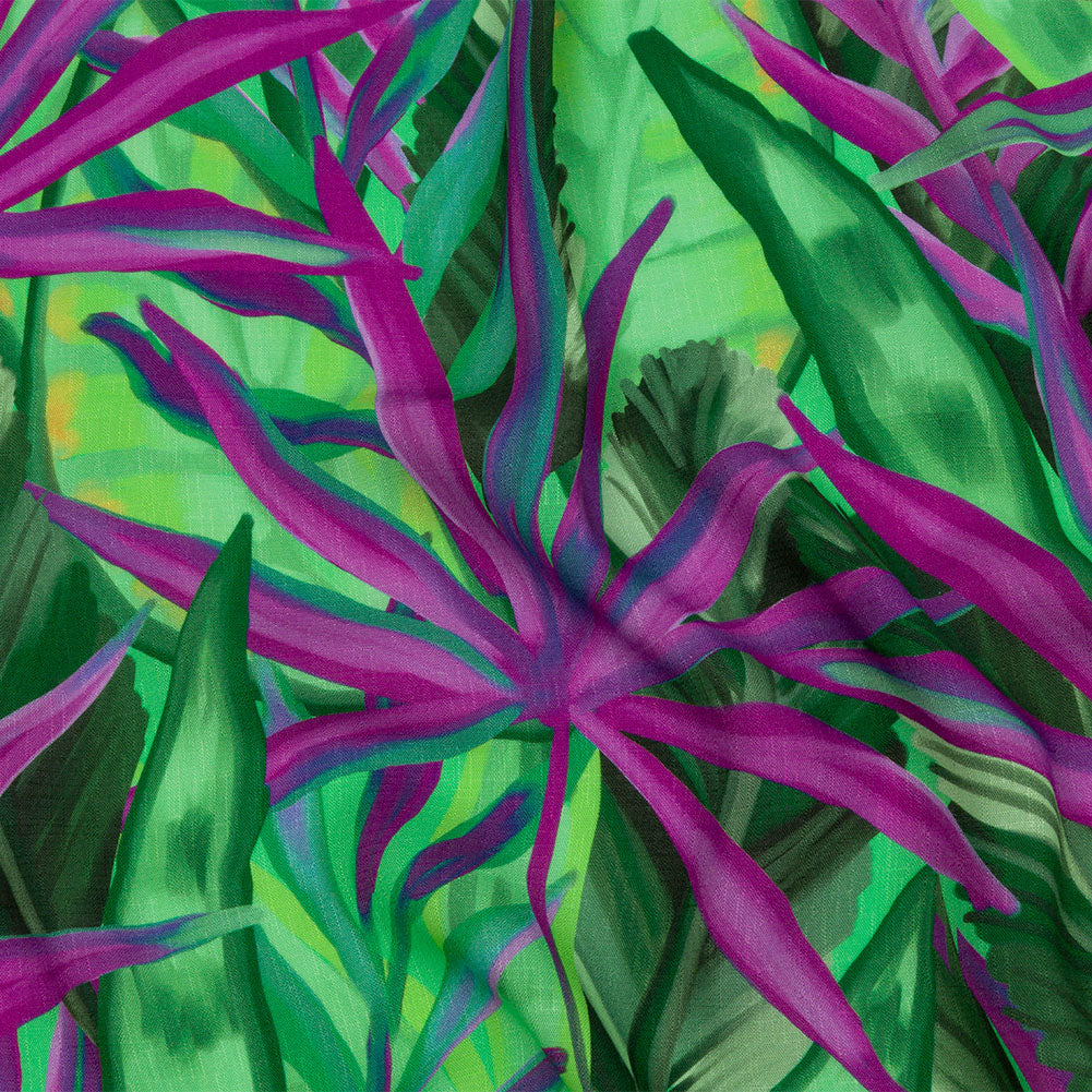 Slubbed Viscose Woven Print - Purple and Green Palm Leaves - Mood Exclusive Foliage Takeover - Joann Fabrics