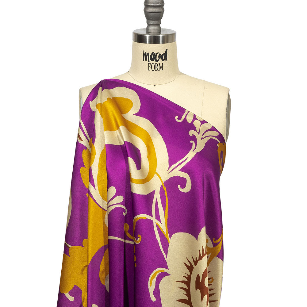 Italian Purple, Gold and Beige Ornamental Floral Silk Charmeuse - Joann Fabrics