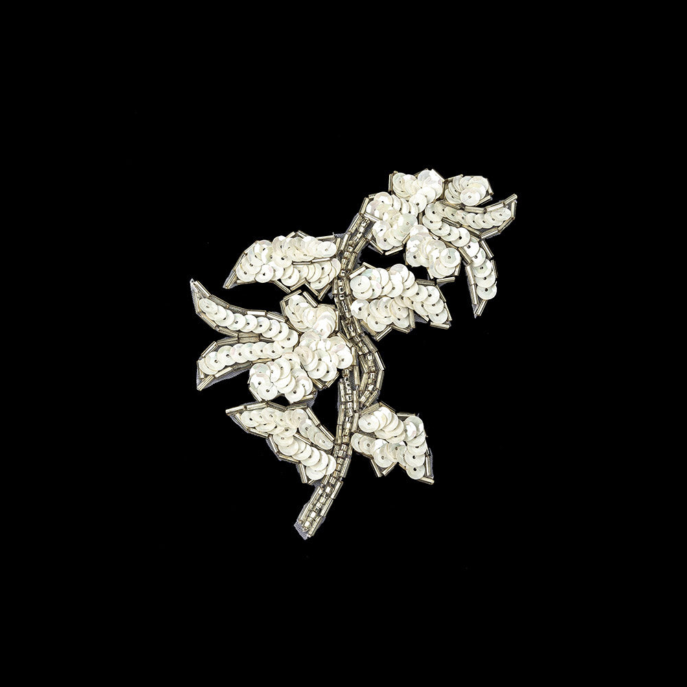 Vintage White Iris Sequins and Silver Bugle Beaded Floral Applique - 4.75