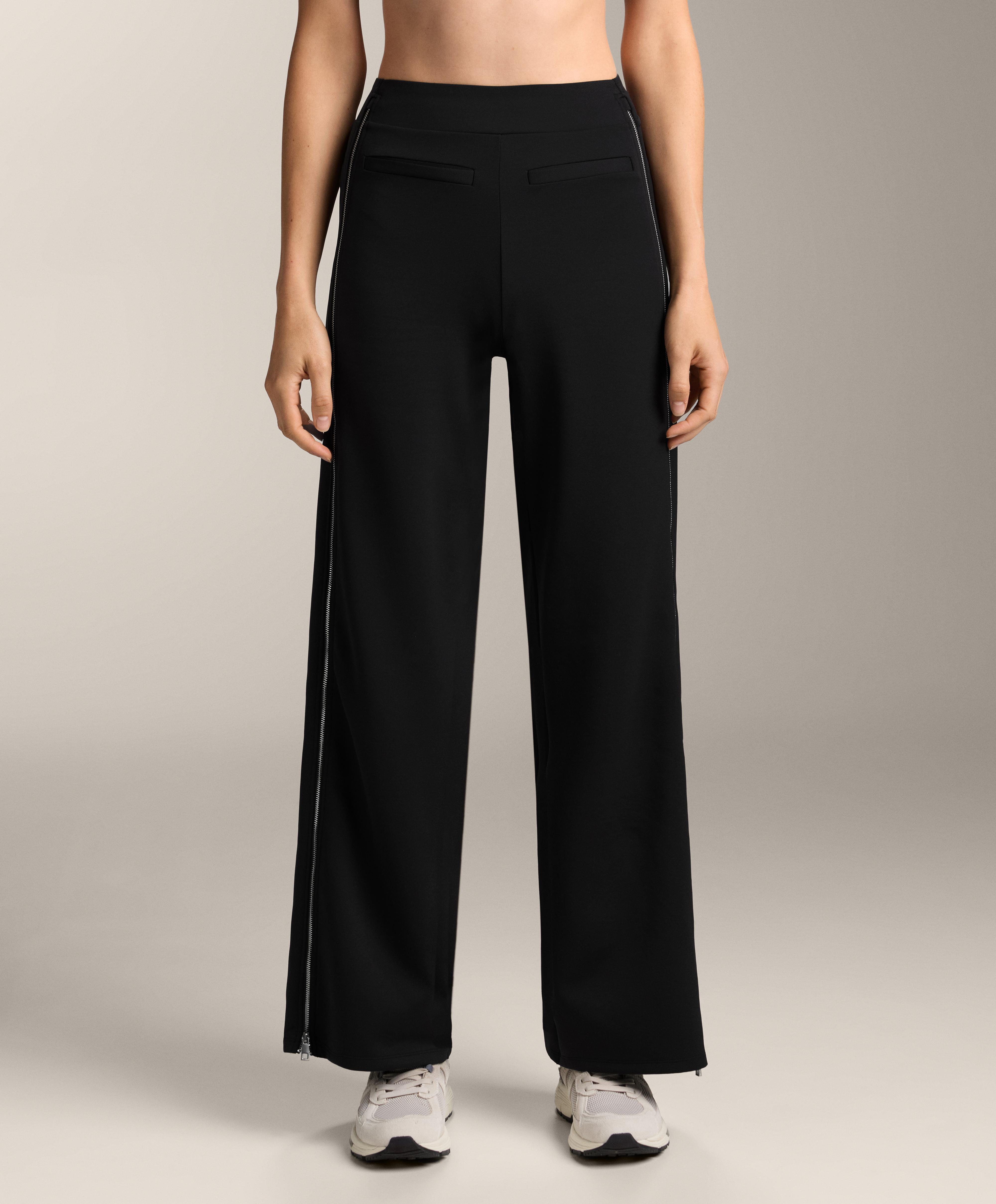 High-rise, full-length neoprene effect trousers with zip