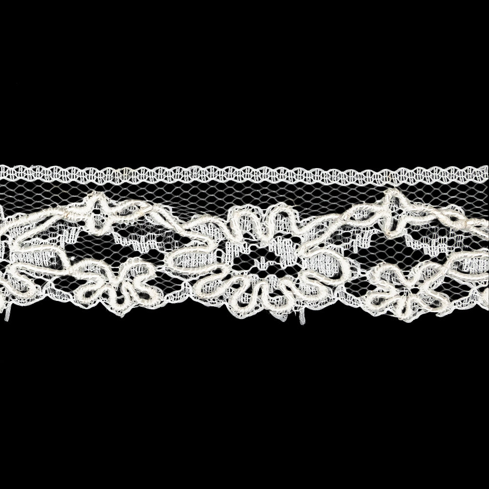 White Floral Corded Lace Trim - 1.125