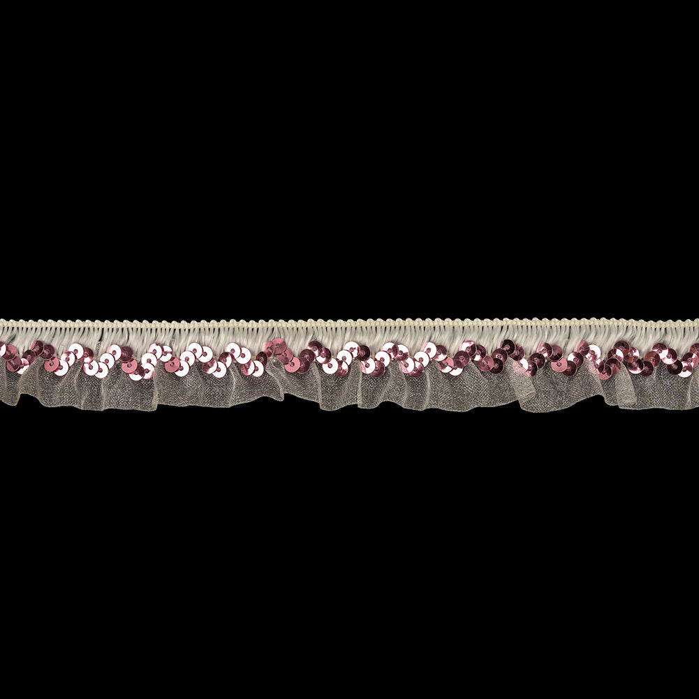 White Ruffled Organza Stretch Trim with Pink Sequins - 0.875