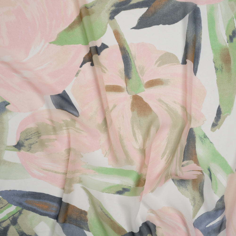 Polyester Georgette - Baby Pink, Lime Green and Navy Blue Painterly Flowers - Designer Deadstock - Joann Fabrics