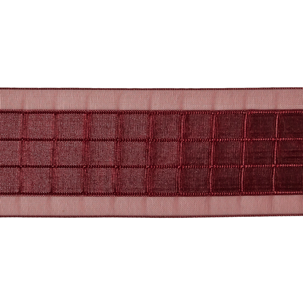 Wine Red Windowpane Checks and Sheer Borders Woven Ribbon - 1.5