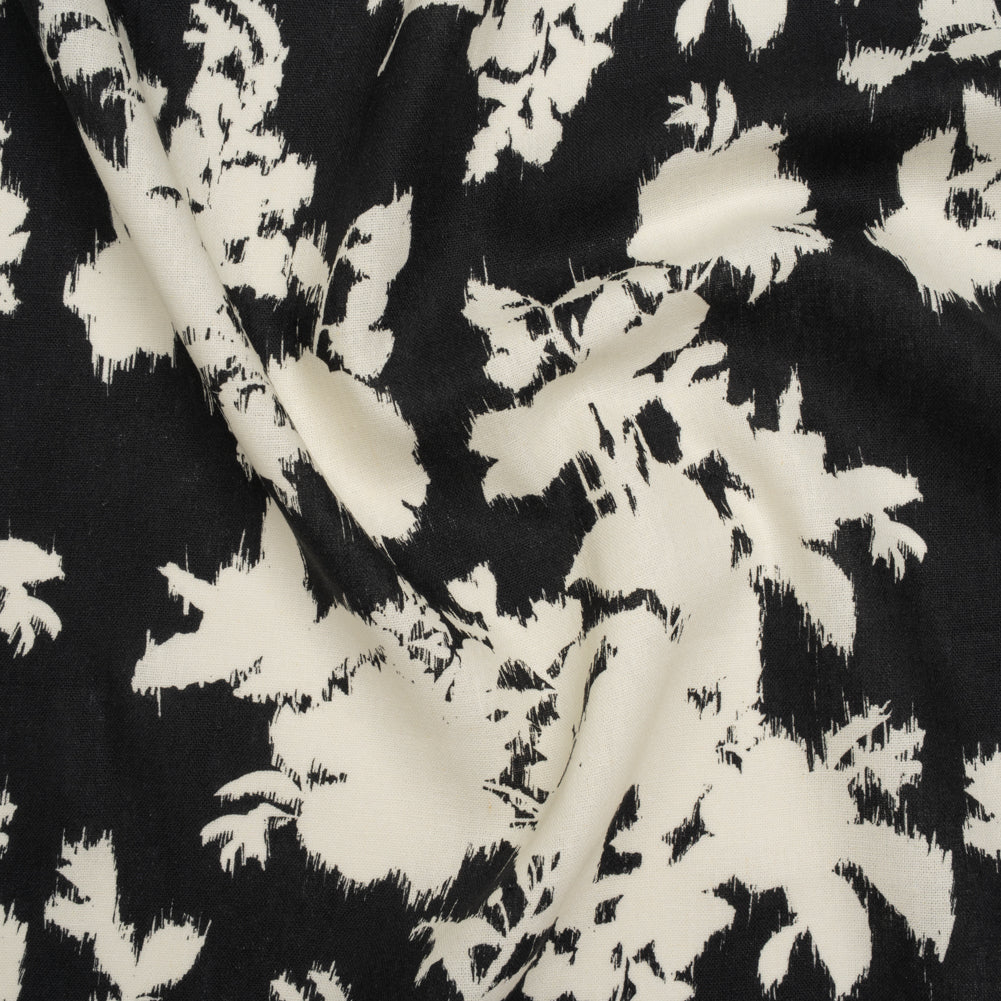 Linen and Rayon Woven - Black and Off White Ikat-Inspired Floral Silhouettes - Mood Exclusive Summer Sketches Print - Joann Fabrics