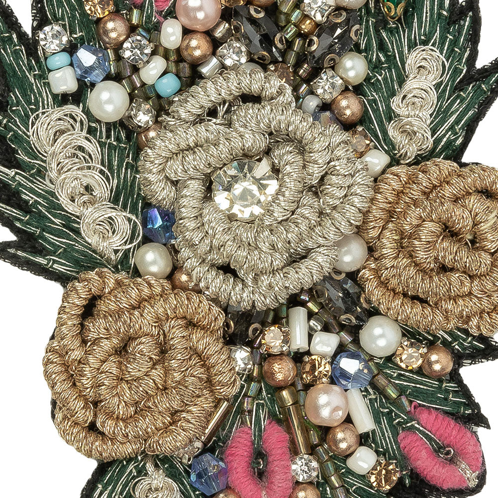 Black, Gold and Pink Rose Embroidered, Rhinestone and Glass Beaded Bouquet Applique - 3.875