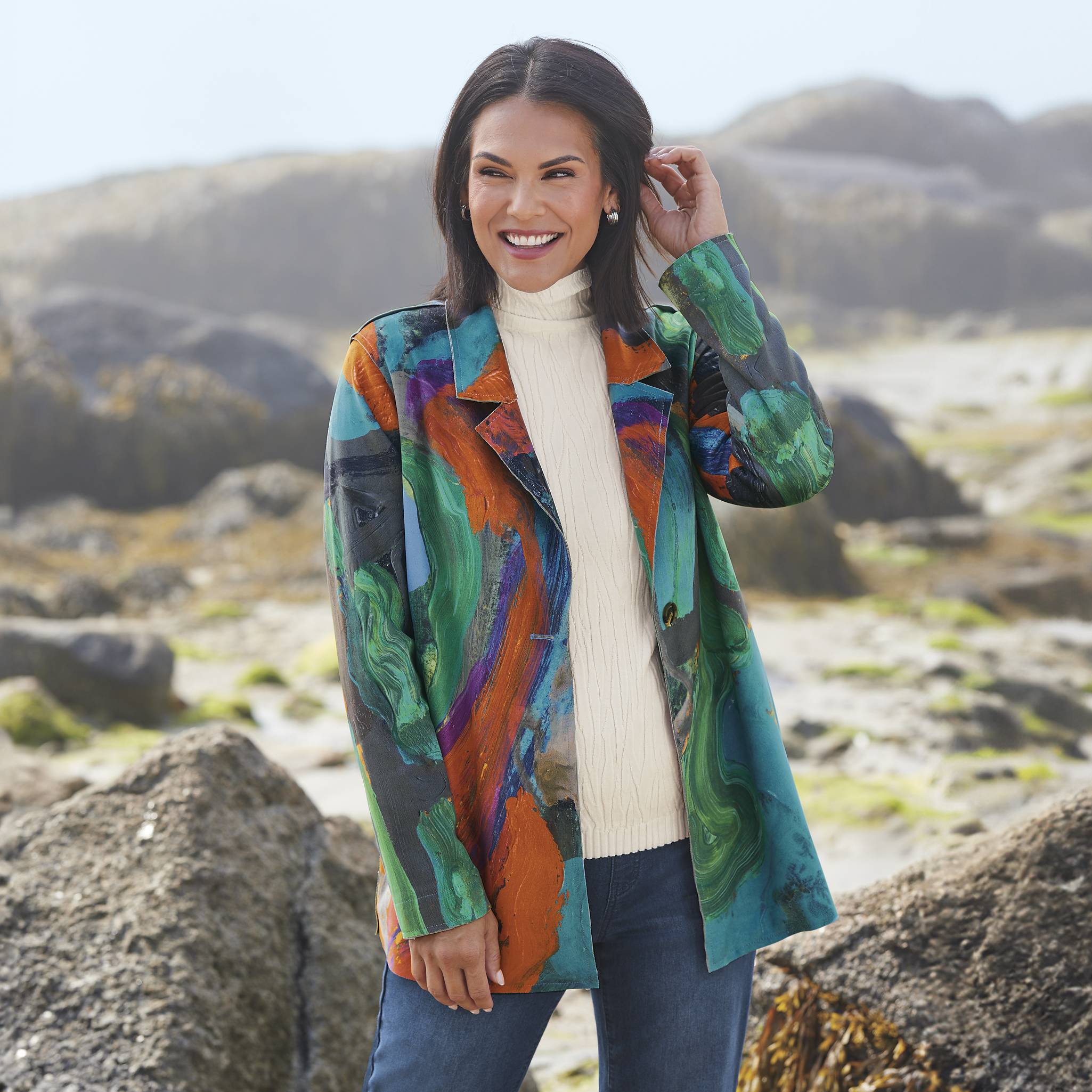 Faux-Suede Jacket, Print by Artist Claire Desjardins, Single Button - Northstyle Catalog
