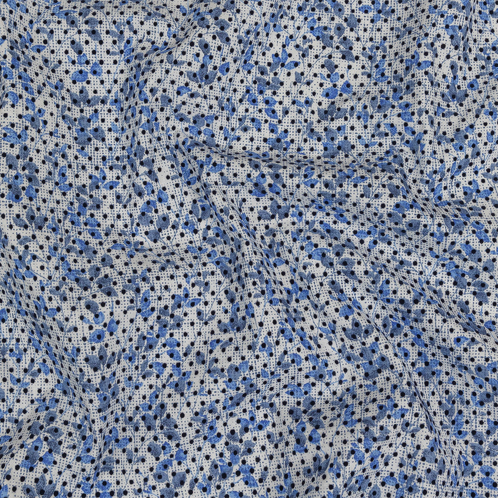 Black Flocked Polka Dots on Blue and White Leaves and Dots Stretch Cotton Shirting - Joann Fabrics