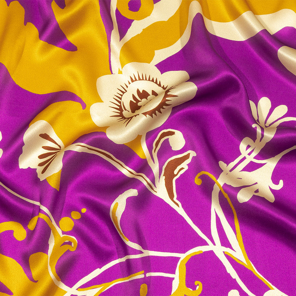 Italian Purple, Gold and Beige Ornamental Floral Silk Charmeuse - Joann Fabrics