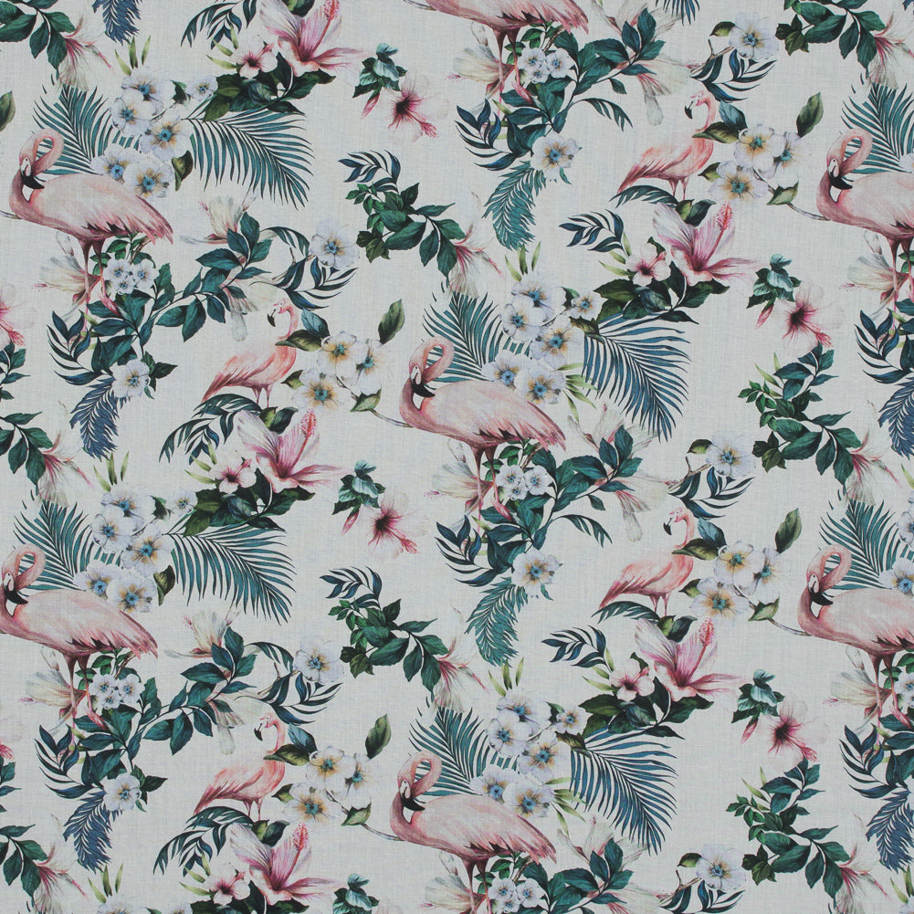 Cotton Voile - White Flamingos and Leaves - Balance of Unity Print - Mood Exclusive Key Largo Collection - Joann Fabrics