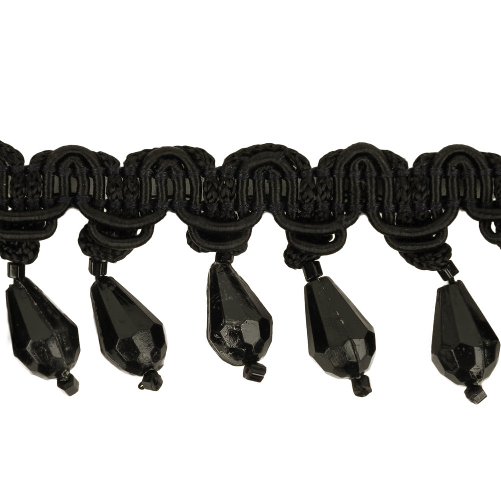 Black Braided Trim with Beaded Fringe - 1.25