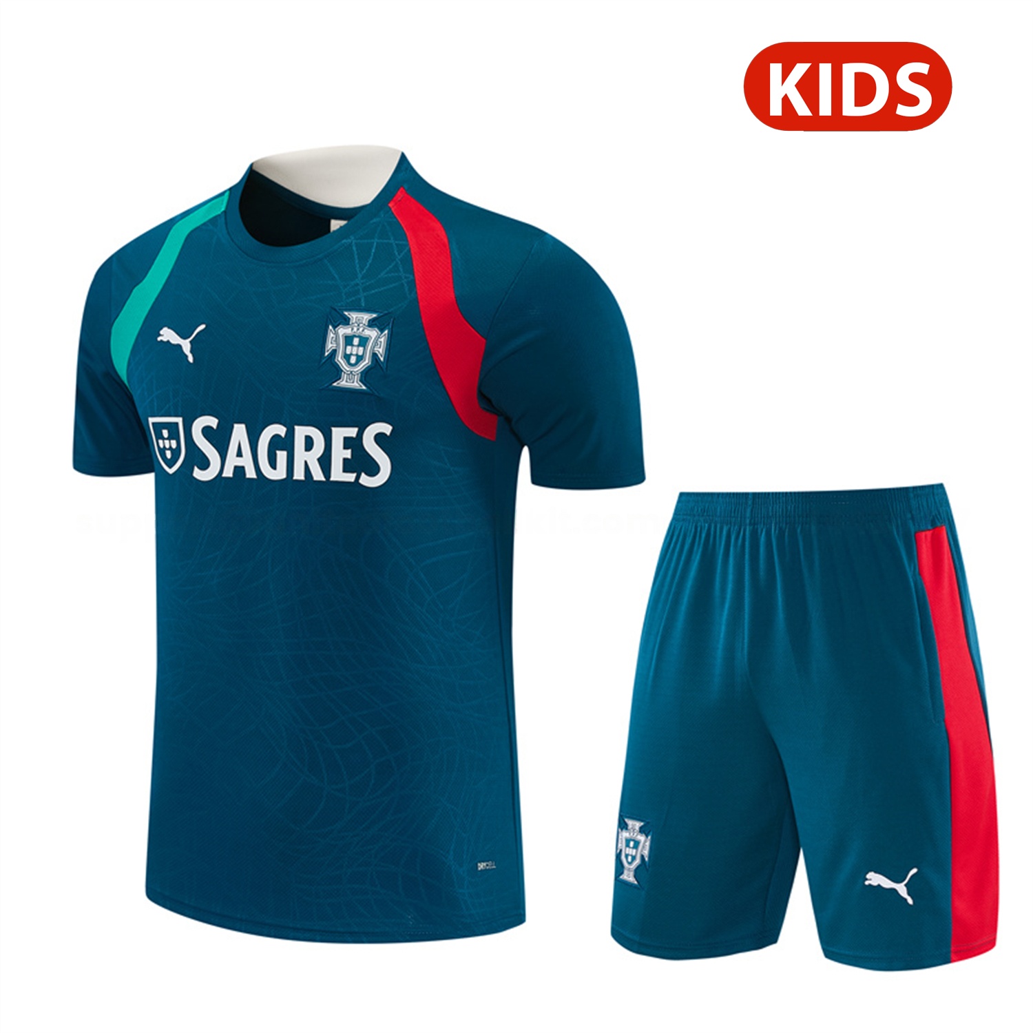Portugal 2026 Kids Short-Sleeve Training Set - Dark Teal With Red And Light Teal Accents Top & Colors Pants - UnitedFutballJersey