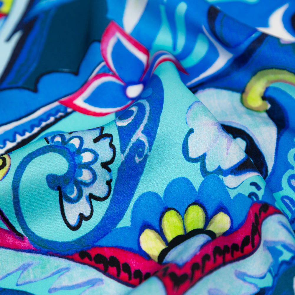 Mood Exclusive Italian Baleine Blue, Lime and Azalea Pink Paisley Digitally Printed Silk Charmeuse - Joann Fabrics